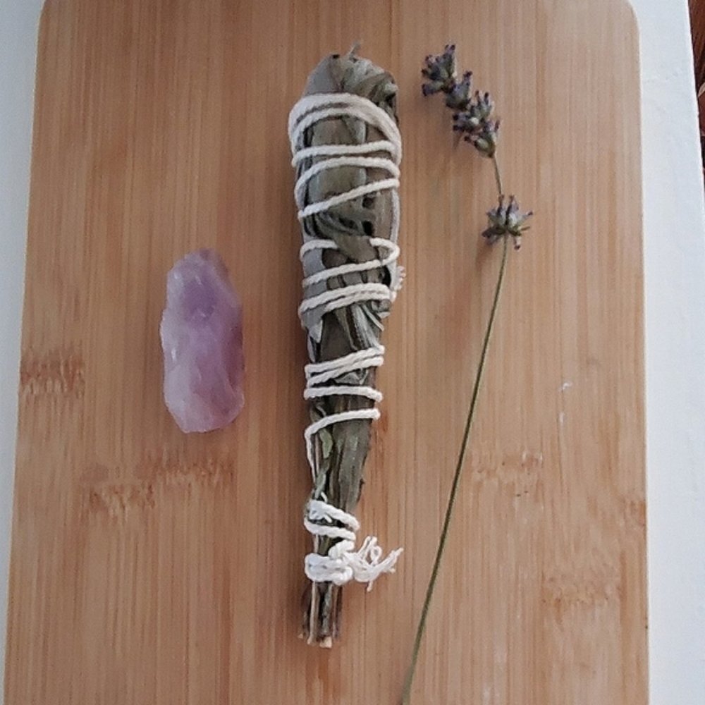 100٪ Organic White Sage + Raw Brazilian Purple Amethyst Stone